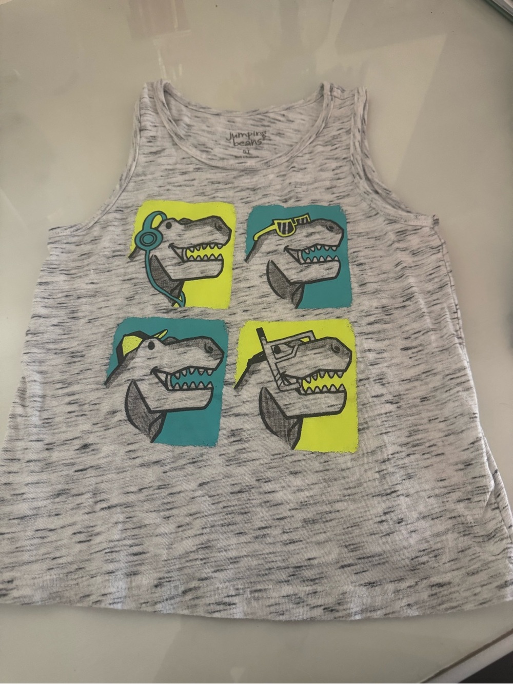 jumping beans Gray Tank Top with Teal and Neon Yellow Dino Squares